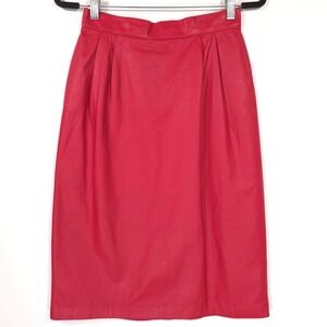 Vintage JFS SIGNATURE GENUINE LEATHER Red‎ Lined Midi Skirt Women's Size 8